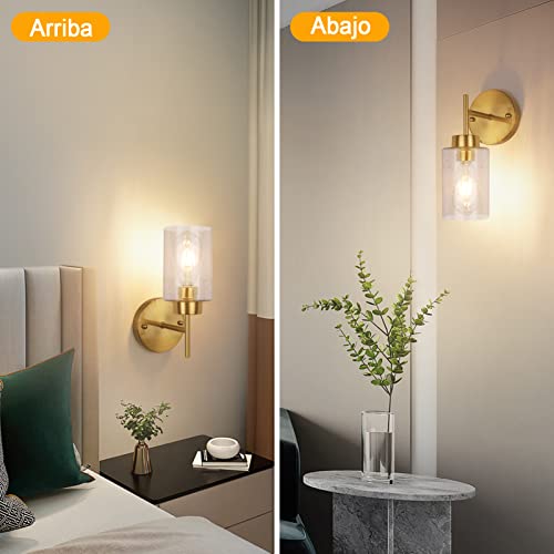 Lámpara De Pared Interior, JSXing Apliques De Pared Con Pantalla De Vidrio Transparente, Lampara De Pared Para Baño, Dormitorio, Espejo, Sala De Estar,E26 Base (Oro-2 piezas)