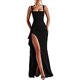 LAGSHIAN Women's Elegant Square Neck Sleeveless Bodycon High Split Ruched Long Formal Evening Dress