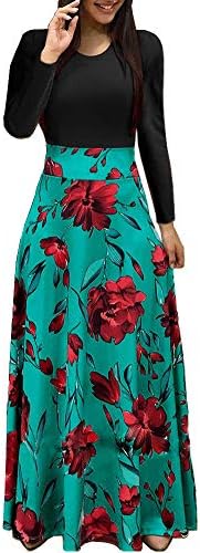Uinolo Womens Short Sleeve Floral Printed Splicing Color Prom Cocktail Swing Long Maxi Dress