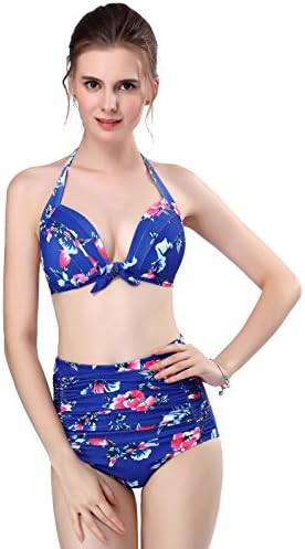 RAYYEE Women High Waisted Swimsuit Retro Bathing Suits Vintage Two Piece Bikini (M, Blue flower)