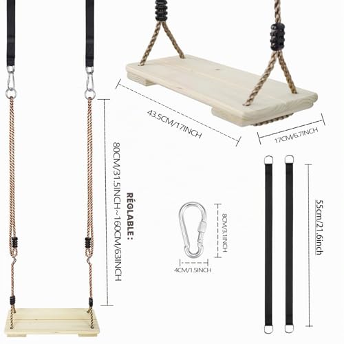 KINSPORY Children's Wooden Swing Outdoor Wooden Swing with Adjustable Hemp Rope - For Indoor and Outdoor Use, Maximum Load 130 kg