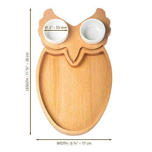 The Mammoth Design Chips and Dip Serving Platter | Serveware with Porcelain Sauce Bowl | Organic Wooden Snack, Appetizer Tray, Dish | Decorative Home, Kitchen Accessory | for Kids, Adults (Owl)
