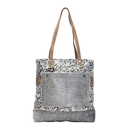 Canvas Womens Tote Bags The Gypsy Upcycled Canvas And Genuine Hair-On Cowhide Leather Tote Bag 17 X 14.5 Inches Grey