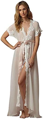 Fenghuavip Lace Short Sleeves Bathrobes for Women with Pink Sash Long Robe