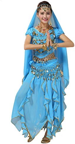 Maylong Girls Halloween Gypsy Costume Indian Belly Dancing Skirt (3 Pieces, Sky Blue)