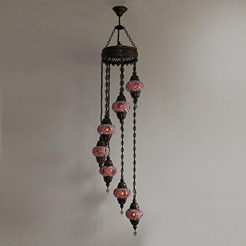 Woodymood Hanging Ceiling Spiral Mosaic Lamps, Handmade, Turkish, Moroccan, Brass&Glass 7 Ball (Red)