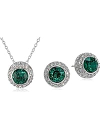 Rhodium-Plated Sterling Silver Emerald Green and Fuchsia Round Halo Pendant Necklace and Stud Earrings Jewelry Set