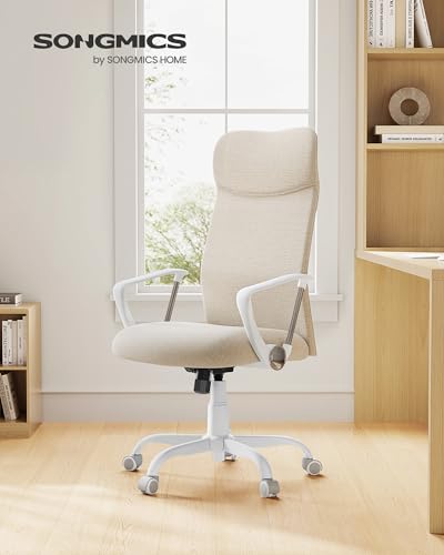SONGMICS Silla de Oficina Ergonómica, Altura Ajustable, 120 kg | Asiento Giratorio Acolchado y Reclinable, Beige Capuchino, OBN034K01