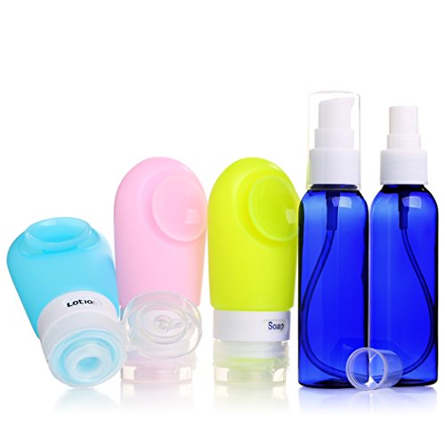 ValourGo Leak Proof 2 OZ BPA Free Travel Bottles Set- 3 Silicone Squeezable Travel Containers with 2 Plastic Travel Bottles Spray bottle and Pump Bottle for Toiletries