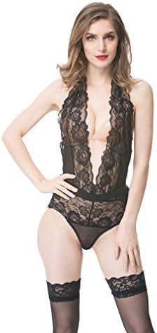 opdamyi Women's Lace Printing Deep V-neek Halter Siamese Underwear