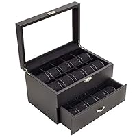 Caddy Bay Collection Carbon Fiber Pattern Glass Top Watch Case Display Storage Box Chest Holds 20 Watches with High Depth for Larger Watches