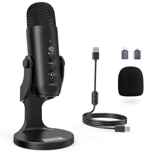zealsound USB-C Condenser Microphone for PC, Mobile Phone, PS4, PS5, for Gaming, Podcast, Recording, Streaming, ASMR with Mute/Gain/Echo, Adapter for Phone, Compatible with Mac, Winows