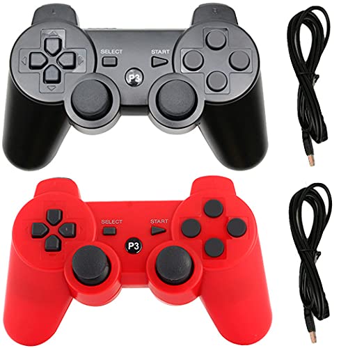 PS3 Controllers for Playstation Dualshock Six-axis, Wireless Bluetooth  Remote Gaming Gamepad Joystick Includes USB Cable (Black and Red,Pack of 2) 