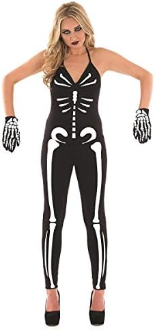 Salveo® Skeleton Girl Women's Halloween Costume Bodysuit Jumpsuit Onesie (UK 8-10)