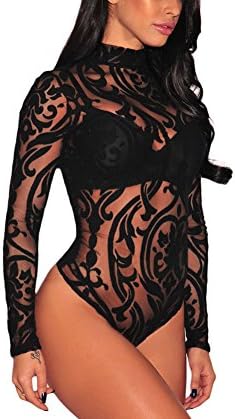 NECOOER Womens Sexy Lace Sheer Long Sleeve Bodysuit Tops Clubwear (Black-1, Smal (US 2-6))