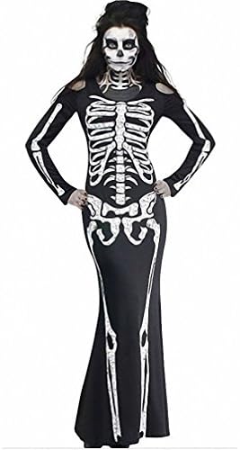 Women NEW Autumn Fancy Long Skeleton Dress Adult Scary Skull Print Full Sleeves Halloween Cosplay Costume Party Wear black XL