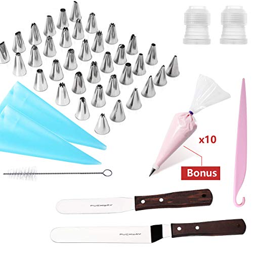 54 PCs Cake Decorating Kit, 36 Baking Supplies Icing Tips with Cleaning Brush, 2 Reusable Silicone Piping Bags, 10 Disposable Pastry Bags, 2 icing spatulas, 2 Reusable Coupler, and Cake Stripping Tool