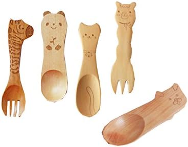ZBY Cute Wooden Animal Cutlery Set / Wooden Spoon and Fork for Children / Baby 4.5 Inches, Set of 5