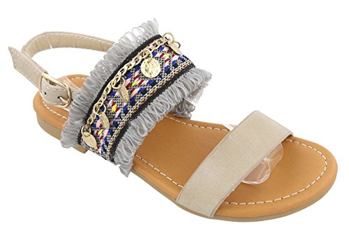 Top Selling Annie Beige Faux Leather Gold Coin Embellished Open Round Toe Cut Out Low Heel Strapped Flat Cute Prime Inexpensive Classic Indian Gladiator Shoe Sandal for Little Girl Her (Size 9, Beige)