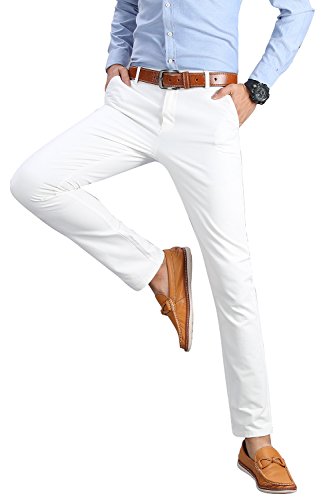 INFLATION Mens Slim Tapered Stretch Flat Front Casual Pants 100% Cotton Dress Pants Trousers for Men,22 Color Choices,White Pants Size 30