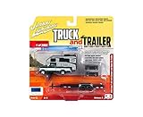 1993 Ford F-150 Metallic Green w/Silver Camper and Chrome Open Car Trailer Limited Edition to 3,964 Pieces Worldwide Truck & Trailer Series 3 1/64 Diecast Car by Johnny Lightning JLBT008/ JLSP036 B