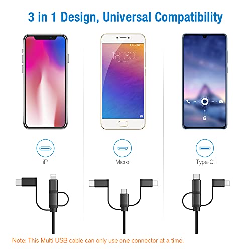 3-in-1 Cable, Multi Charging Cable IP/Type C/Micro USB Charger Nylon Braided Cord 3.3ft (1m),3 in 1 Multiple Universal Charger for Phone/Pad and Android Devices