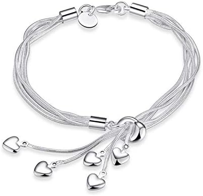 925 Sterling Silver Five-line Chain with Five-Heart Bracelet Bangle(7.5",7.9", 8.3")