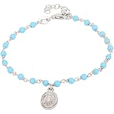 Vanbelle Sterling Silver Jewelry - Rhodium Plated with 925 Stamp - Religious Charm Bracelet with Natural Turquoise Stones and Rhodium Plated for Women