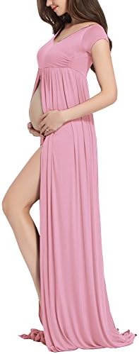 Ruici Short Sleeve Cotton Jersey Maternity Dress SPLIT FRONT Gown for Photography