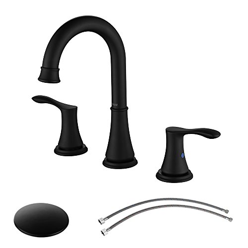 PARLOS 2-Handle 8 inch Widespread Bathroom Faucet with Valve and Pop Up Drain Assembly and cUPC Faucet Supply Hoses, Matte Black, Demeter 13653
