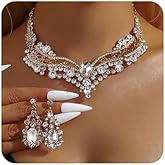 fxmimior Vintage Golden Silver Plated Flower Crystal Rhinestone Statement Choker Bib Statement Necklace Earrings Set Sparkly Chunky Cluster Leaf Flower Necklace Dangle Earrings Party Prom Bar Set
