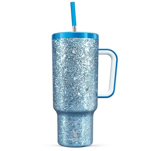 Meoky 40 oz Stainless Steel Insulated Tumbler with Handle, Lid & Straw | 100% Leak Proof | Crystal Color | For Travel, Car Road Trips | For Travelers, Commuters, Workers