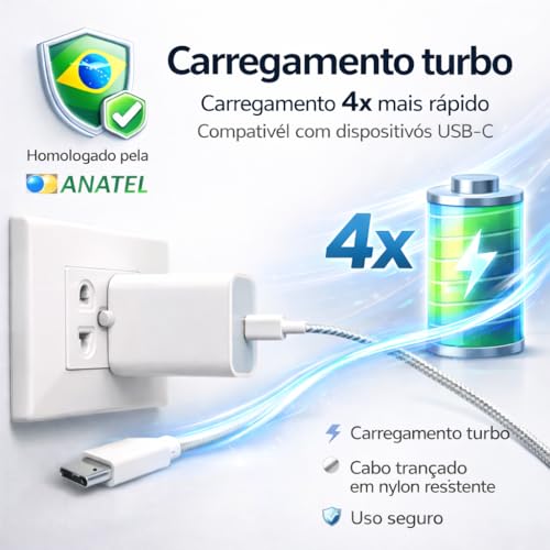 Carregador Turbo 55w USB-C com Cabo Tipo C 1 Metro, Fonte Bivolt 110v/220v, Carregamento Rápido Fast Charge, Compatível com Celular Android, iPhone, Tablet e Notebook