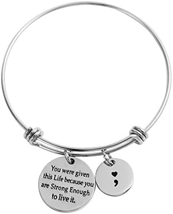 Semicolon Bangle Brave Survivor Expandable Wire Bangle Inspirational Meaningful Charm Bracelet Jewelry Gift for Women Girls or Kids.