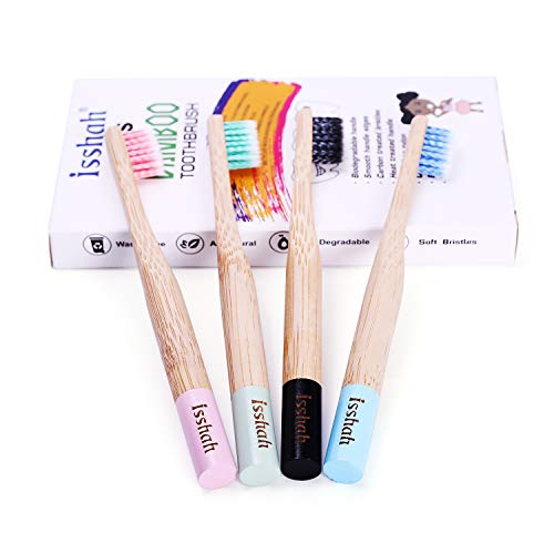 Isshah Children Size Biodegradable Handle BPA Free Eco Friendly Kids Natural Bamboo Toothbrush, Pack of 4 (Germany Imported Spiral Soft Nylon Bristles)...