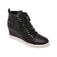 Fenton - Mid Height Leather Lace Up Sport Inspired Sneaker Wedge Black Pebbled Leather 9M