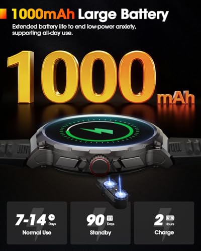 Men's Smart Watch with 1000 mAh Battery, 1.92 Inch AMOLED, 5ATM Waterproof Military Smartwatch, 120+ Sports Modes, Bluetooth Calling, 24/7 Heart Rate/Sleep/Pedometer Android iOS