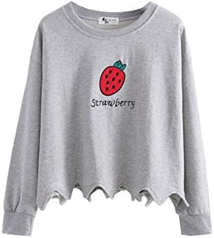 Women Autumn Strawberry Embroidery Long Sleeve Cotton Slim Pullovers
