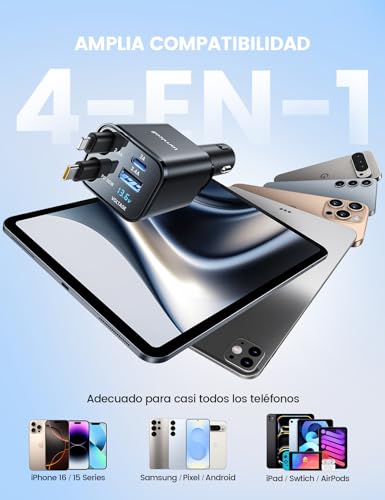 Lamicall 4 in 1 Retráctil Cargador para Auto – 69 W [Display de Voltaje] [50% Más Pequeño] Rápido Cargador para Carro, Puerto USB-C y USB-A, Compatible con iPhone 17/16/15/14/13/12, Galaxy, Airpods