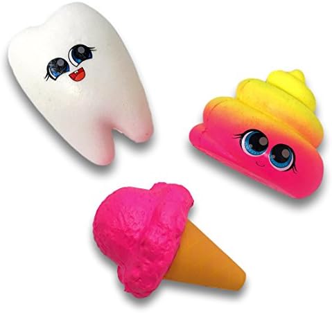 Squeezeables Squishies Pack of 3 - Slow Rise and Sweet Scented (Rainbow Poop, Tooth and Ice Cream Cone)