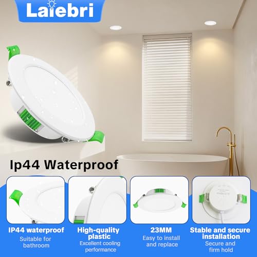 Laiebri Pack of 10 Pack Recessed LED 230 V White - Ceiling Spotlights IP44 - Recessed Ceiling Spotlights Ø68-80 mm, 2700 K/4000 K/6500K Ceiling Light LED Ceiling Light for Bathroom Kitchen