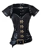 Charmian Women's Spiral Steel Boned Steampunk Retro Brocade and Leather Overbust Corset with Jacket and Belt Black Small