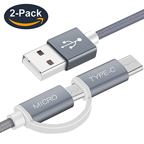 Micro USB and USB C Cable 3.3Ft 2 Pack, 2 in 1 USB Type C Micro USB Charging & Sync Cable for New MacBook, Google Pixel XL, Samsung, Nexus, LG, Motorola, Android Micro and Type C Smartphones (Gray)