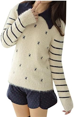 Tirahse New Style Women's Mohair Cat Print Collared Stripe Pullover Sweater WhiteFree Fashion