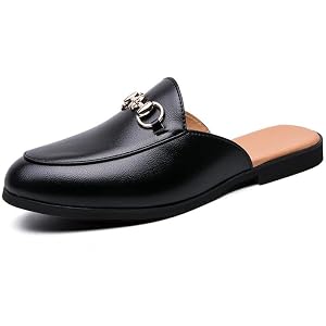 BKSHDSIE Men’S Flat Mules with Metal Decor Fashion Round Toe Backless Slip On Formal Casual Slingback Loafers Anti Slip Pu Le