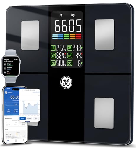 GE Digital Body Fat Scales with Large Display, Smart Scales with Body Fat and Muscle Mass with App 14 Body Measurements BMI Bluetooth Personal Scales up to 180 kg / 400 lb