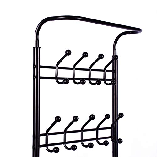 DRM Hall Tree Coat Rack with Metal Entryway 18 Hooks Clothes Rack with 3 Tier Shoe Rack Bench Hat Hanger Umbrella Stand, Black