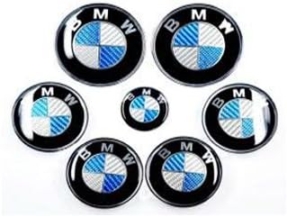 Blue White Carbon Fiber Emblem Logo Badge Set 7pcs Set 82mm Hood &amp; Trunk / 68mm Wheel Caps / 44mm Steering Emblem For BMW Car