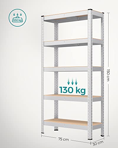 SONGMICS 5-Tier Shelving Unit, Set of 2 Steel Shelving Unit for Storage, Boltless Assembly, for Garage, Shed, Load Capacity 650 kg Each, 30 x 75 x 150 cm, Silver GLR030E02