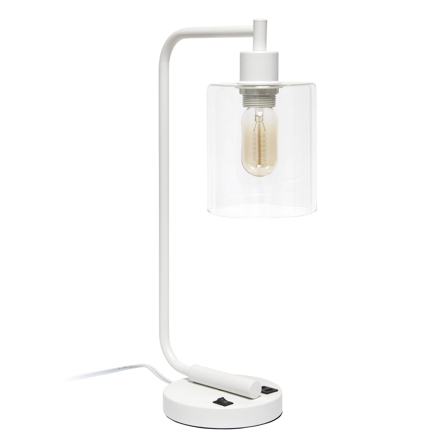 Simple Designs LD1066-WHT Bronson Antique Style Industrial Iron Lantern Desk Bedside Table Lamp with Dual 2 USB Charging Ports and Glass Shade, White Image